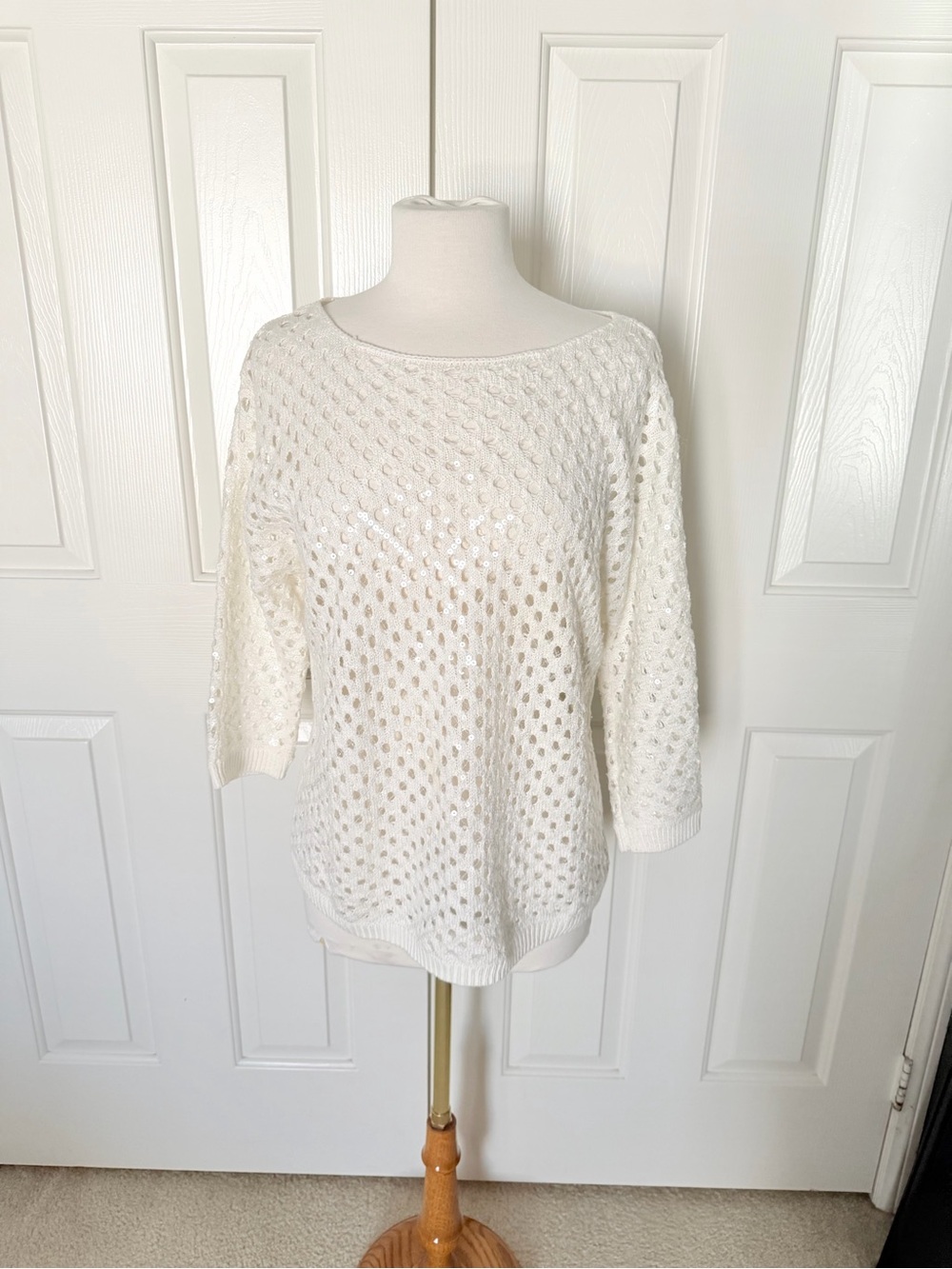 Chico's Ivory Open-Knit sequin Scoop Neck Pullover